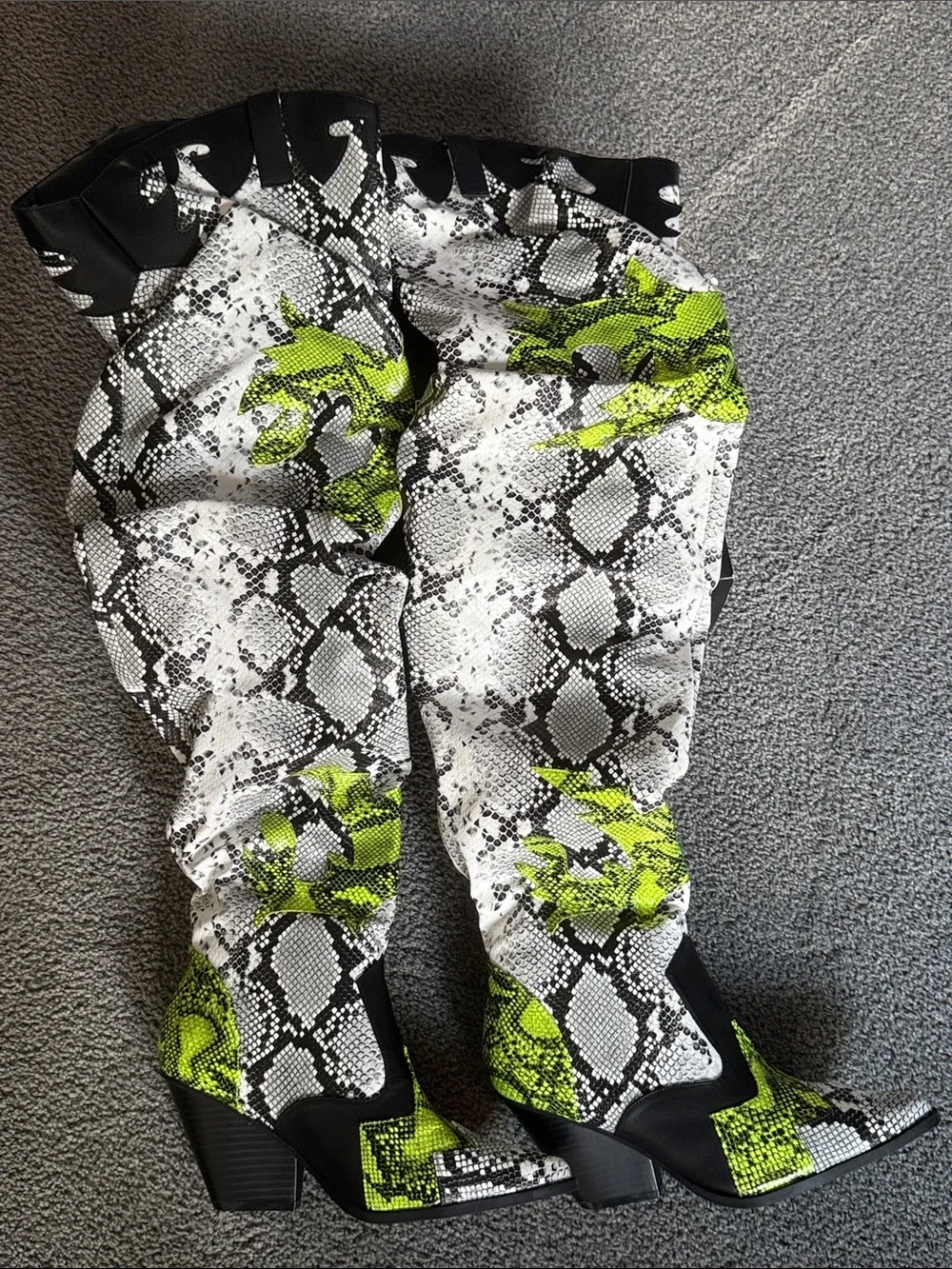 Slouch thigh high cowboy boots, white lime snake. 3.5” stacked Heel. Size 7.5